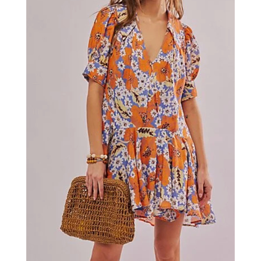 FREE PEOPLE COBALT COMBO SUGAR CRUSH FLORAL DROP WAIST BABYDOLL MINI DRESS SZ S
